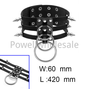 Three rows of three-ring rivet spiked leather collar  POBRNC216vhll